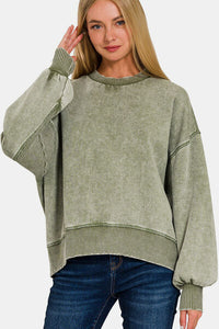 Thumbnail for Zenana Round Neck Dropped Shoulder Lantern Sleeve Sweatshirt - T - 1 COLOR -