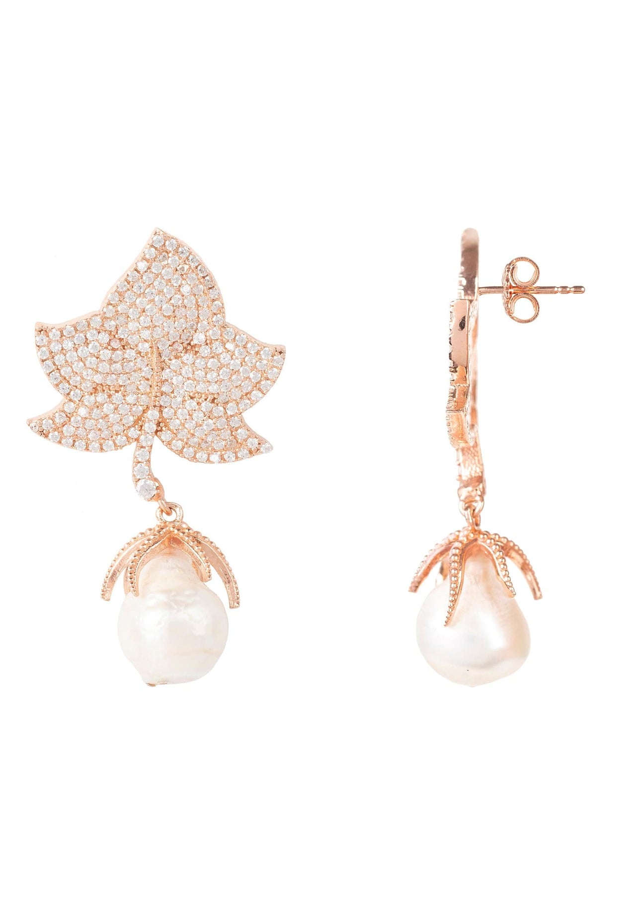 LATELITA - Baroque Pearl Leaf Earrings White Cz Rose Gold -