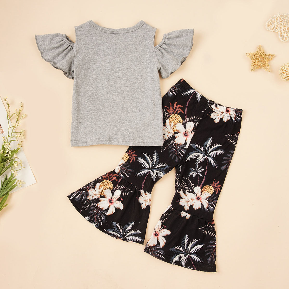 HELLO SUMMER Graphic Top and Floral Flare Pants Set - 2 PCS. - T - 2 COLOR COMBOS -