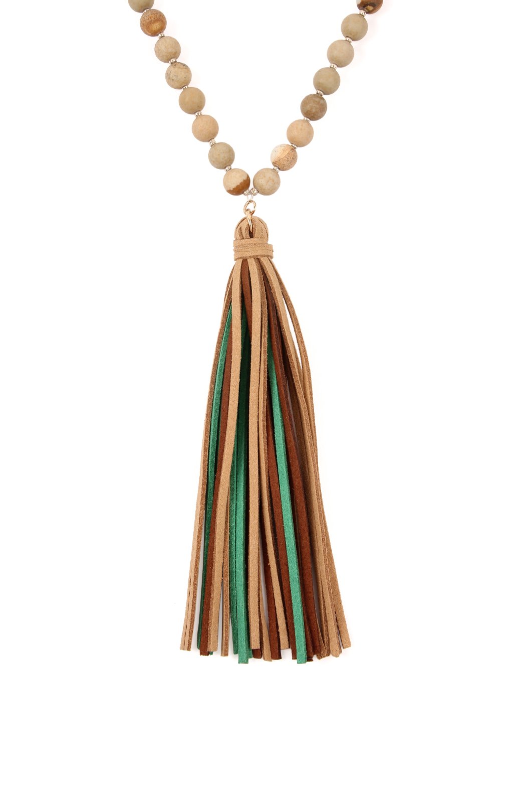 Riah Fashion - Colorful Natural Stone Glass Beads Leather Tassel Necklace - 7 COLORS -