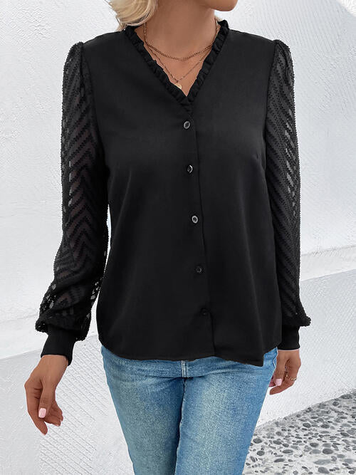 Mesh V-Neck Button Front Blouse - T - 1 COLOR -