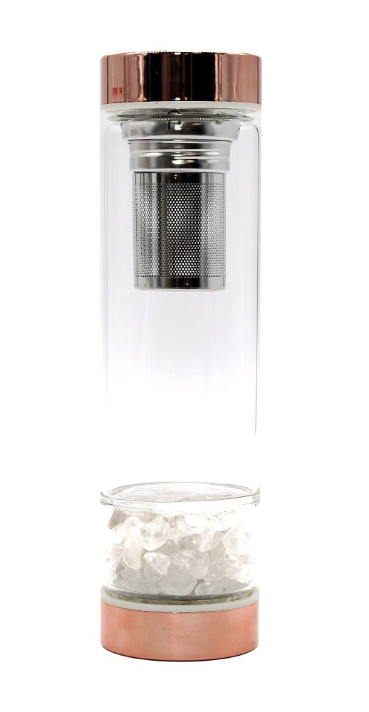 Zenys / London - Rose Gold Crystal Elixir Water Bottle With Top of Lid Tea Infuser 500ML / Price = EA. - 5 GEMMED BOTTOMS -