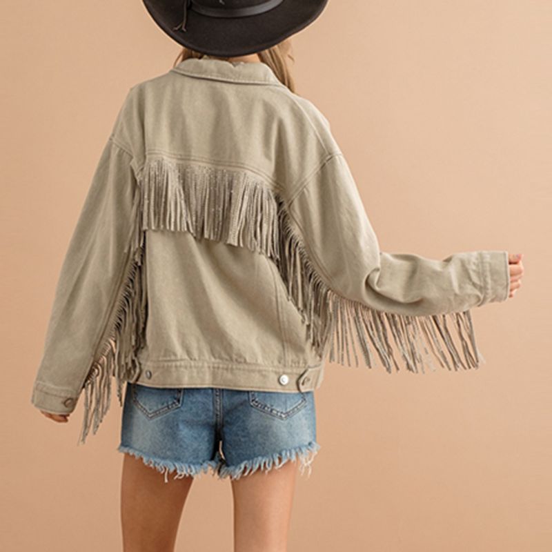 Fringe Detail Dropped Shoulder Denim Jacket - T - 3 COLORS -