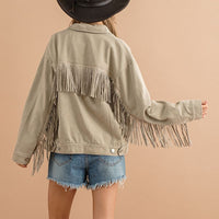 Thumbnail for Fringe Detail Dropped Shoulder Denim Jacket - T - 3 COLORS -