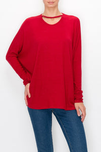 Thumbnail for Stylespect - Cutout Front Long Sleeve Top - Red - 1 COLOR -