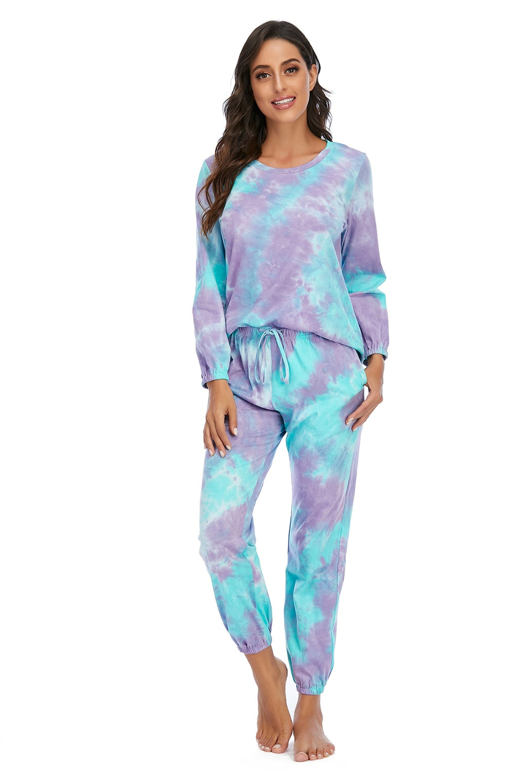 Tie-Dye Top and Drawstring Pants Lounge Set - 2 PCS. - T - 3 COLORS -