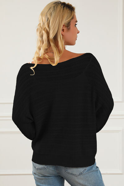 Openwork Boat Neck Lantern Sleeve Sweater - T - 4 COLORS -