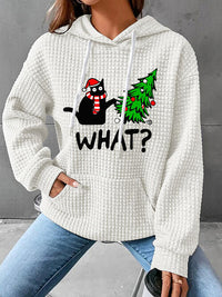 Thumbnail for Full Size WHAT Graphic Waffle-Knit Long Sleeve Drawstring Hoodie T - 6 COLORS -