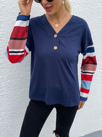 Thumbnail for Dropped Shoulder V-Neck Buttoned Front Tee - T - 1 COLOR -