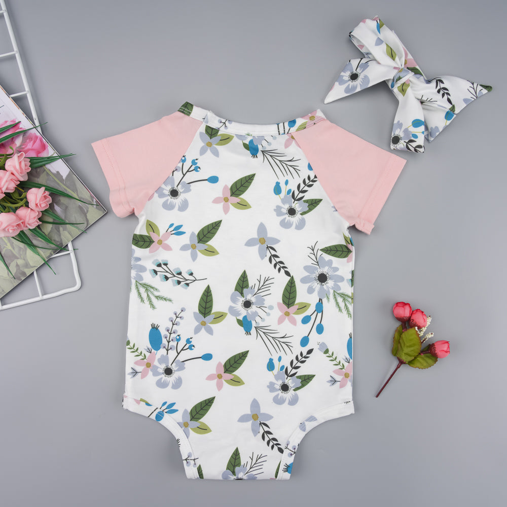 Floral Short Raglan Sleeve Bodysuit with Headband - T - 4 SIZES - 1 COLOR -