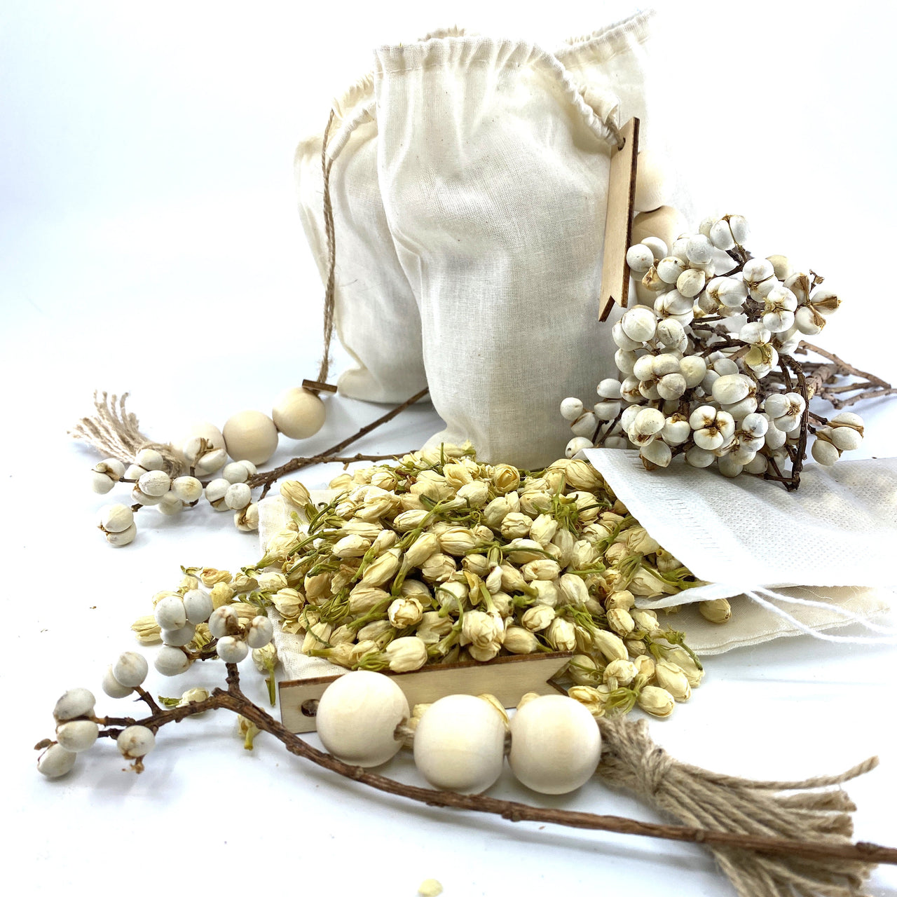 Sunsum - 100% Naturally Dried Jasmine Flowers, Jute & Wooden Beaded Drawstring Sack, 1/2 Oz -