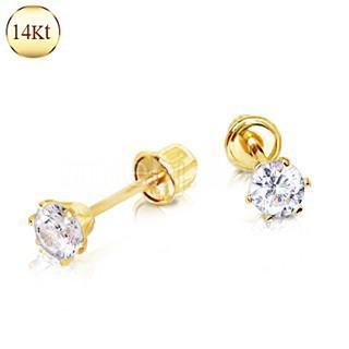 Pair of 14Kt. Yellow Gold Clear Round CZ Earring With Screw Back -