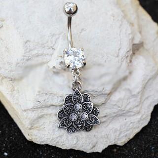 316L Stainless Steel Jeweled Vintage Lotus Dangle Navel Ring -