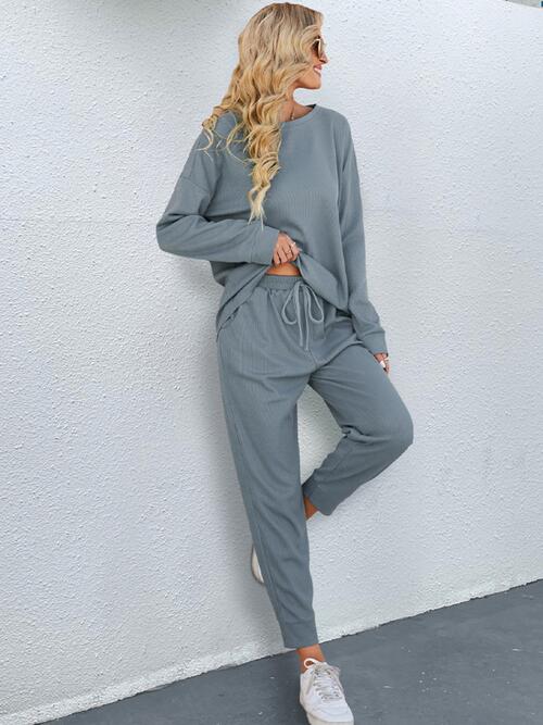 Round Neck Top and Drawstring Pants Set - 2 PCS. - T - 1 COLOR -