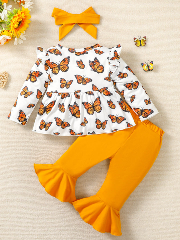 Butterfly Print Top and Pants Set with Headband - 3 PCS. - T - 1 COLOR -