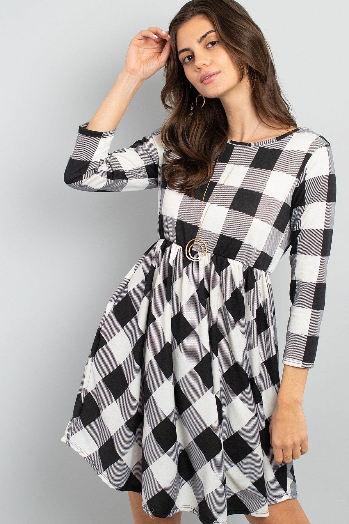 Riah Fashion - Cinch Waist Quarter Sleeves Plaid Dress - 3 COLORS -