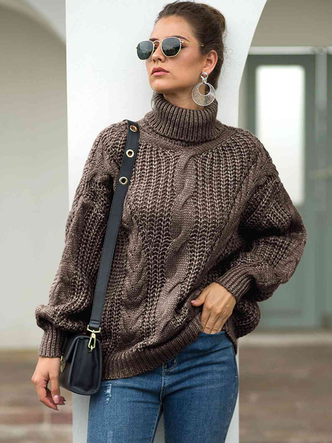 Turtleneck Cable-Knit Dropped Shoulder Sweater - T - 5 COLORS -