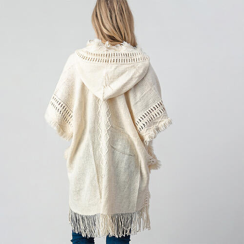 Fringed Crochet Buttoned Hooded Poncho - T - 1 COLOR -