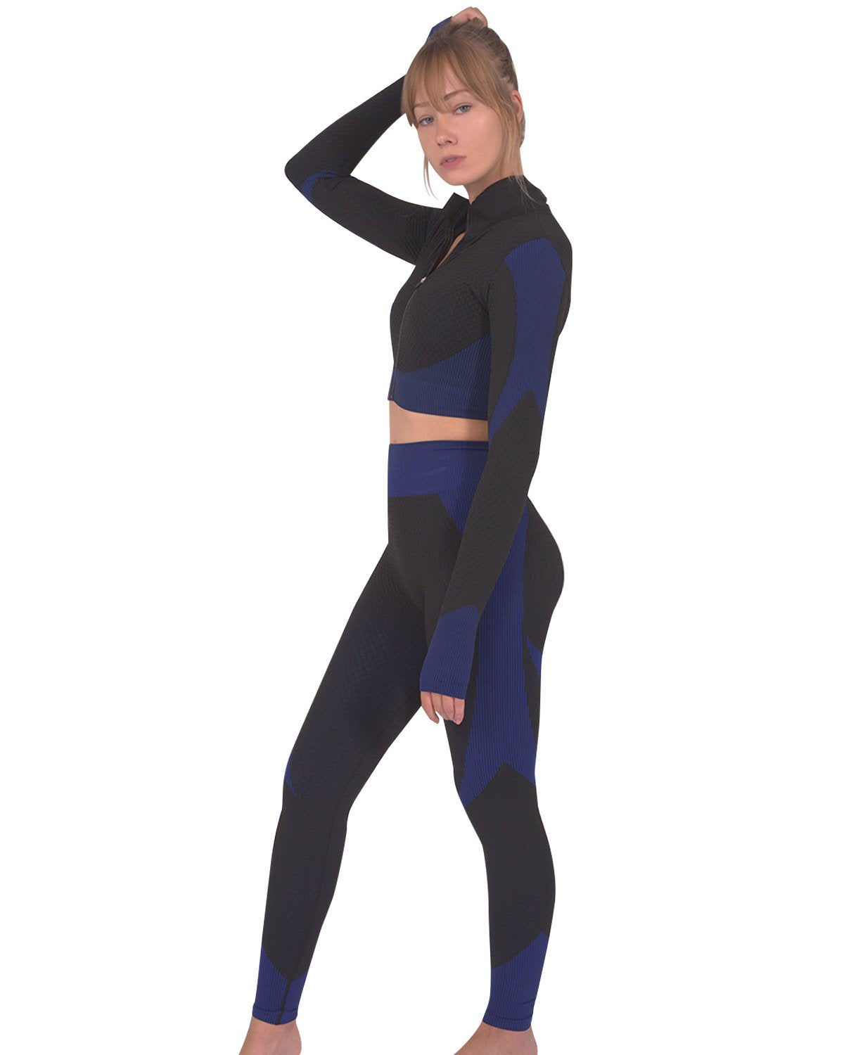 Savoy - Trois Seamless Jacket, Leggings & Sports Top 3 Set - Black With Navy - 3 PCS - 1 COLOR -