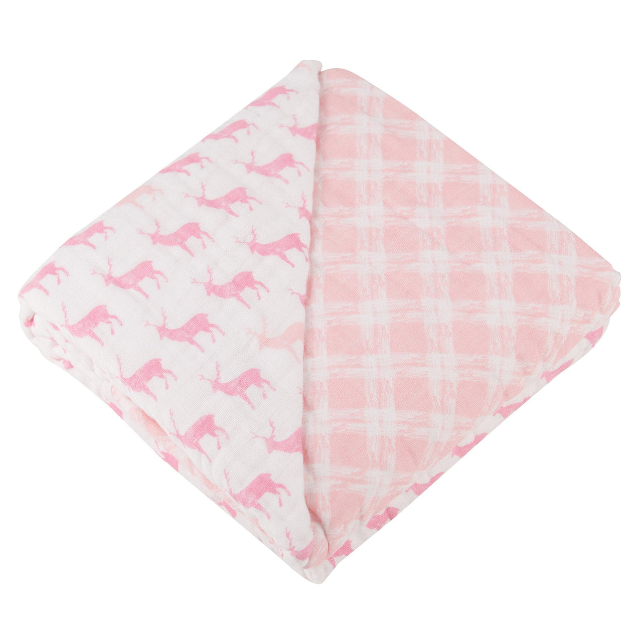 Pink Deer and Primrose Pink Plaid Cotton Muslin Newcastle Blanket -