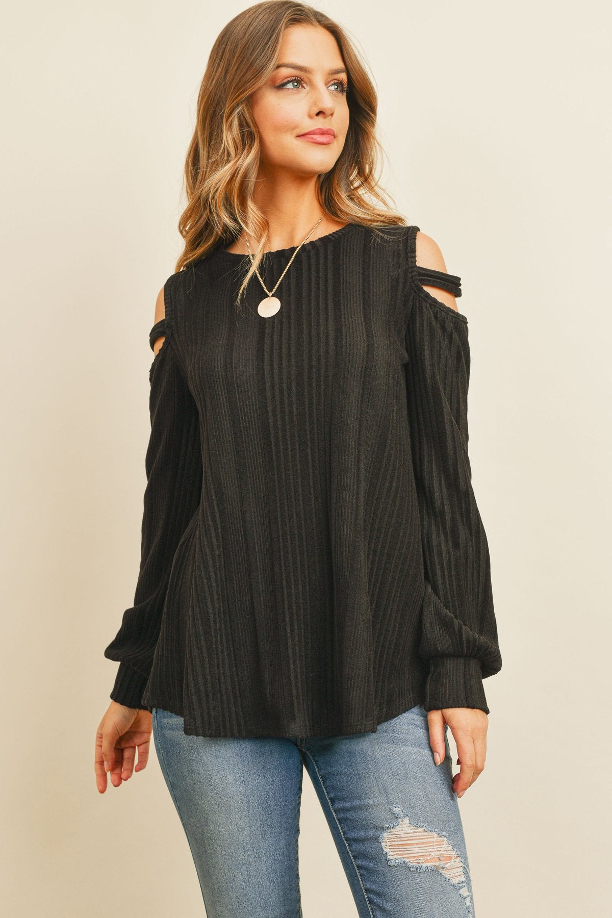 Riah Fashion - Ladder Open Shoulder Long Sleeved Rib Detail Top - 4 COLORS -