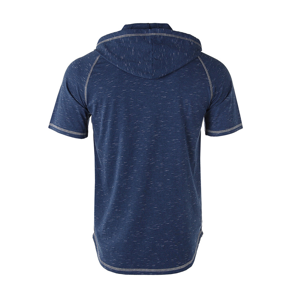 Short Sleeve Raglan Henley Hoodie Round Bottom Semi Longline T-Shirt - 1 COLOR