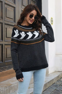 Thumbnail for Ribbed Round Neck Long Sleeve Pullover Sweater - T - SKULL OR GHOST - 3 COLORS -