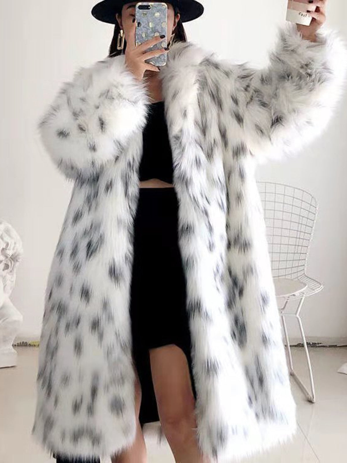 Sharon Tatem - Faux Fox Fur Coat - Casual Snow Leopard Print Fur Jacket - Thick Warm Mid-Long Plush Outer -