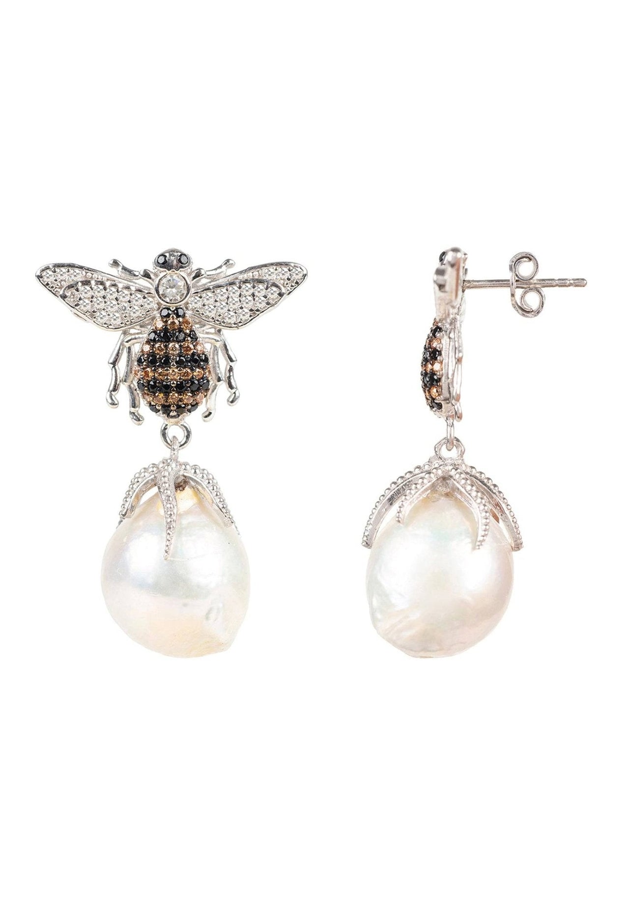 LATELITA - Baroque Pearl Honey Bee Drop Earrings Silver -