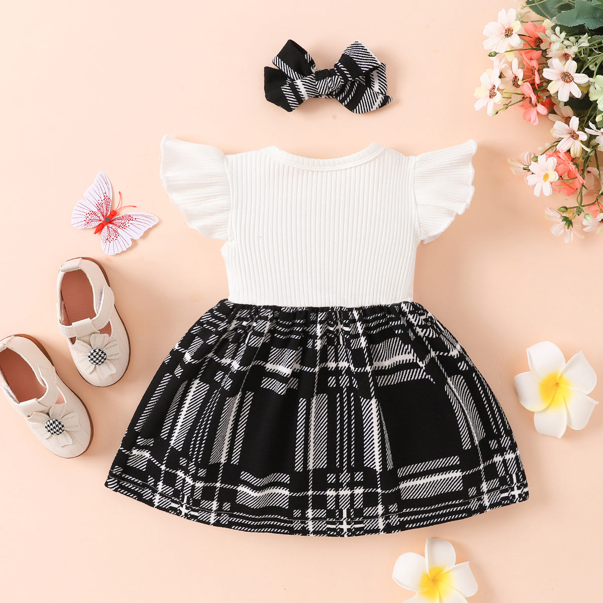 Plaid Print Bow Detail Dress with Headband - 2 PCS - T - 3 COLORS -