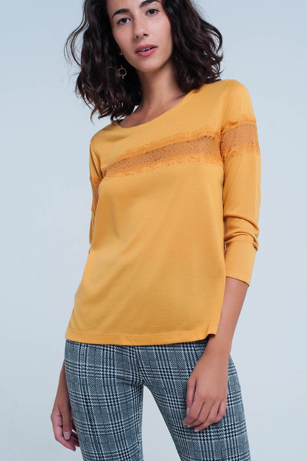 Q2 - Mustard 3/4 Sleeve T-Shirt With Eyelash Trim - 1 COLOR -