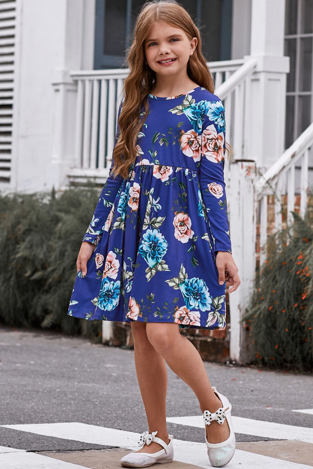 Girls Floral Long Sleeve Dress with Pockets - T - 4 SIZES - 1 COLOR -