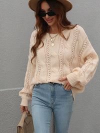 Thumbnail for Woven Right Cable-Knit Openwork Round Neck Sweater - T - 6 COLORS -