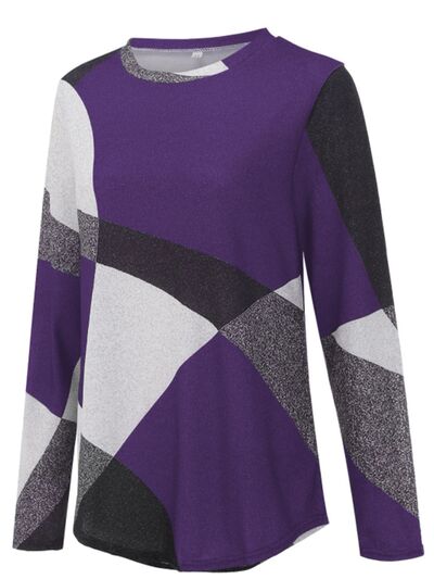 Geometric Round Neck Long Sleeve T-Shirt - T - 5 COLORS -