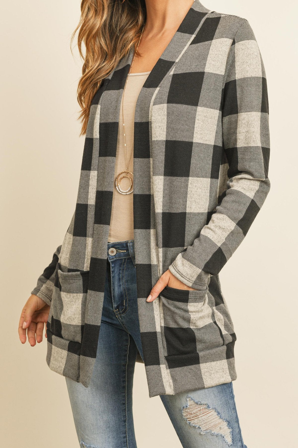 Riah Fashion - Plaid Long Sleeved Front Pocket Open Cardigan - 3 COLORS -