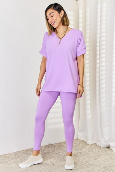 Zenana V-Neck Rolled Short Sleeve T-Shirt and Leggings Set - 2 PCS. - T - 1 COLOR -