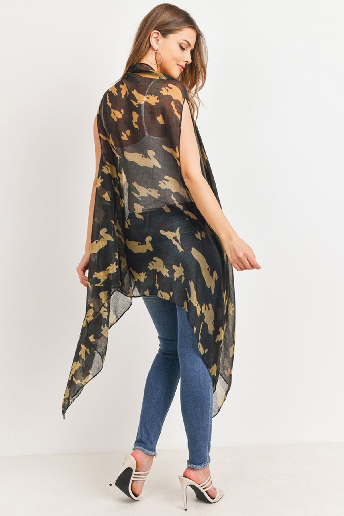 Riah Fashion - Knee Length Camouflage Open Front Kimono Vest - 1 COLOR