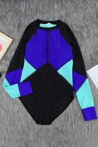 Thumbnail for Color Block Half Zip Long Sleeve One-Piece Swimsuit - T - 3 COLORS -