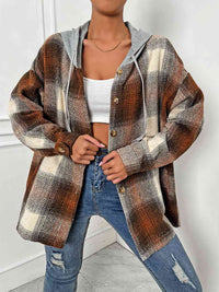 Thumbnail for Plaid Drawstring Hooded Jacket - T - 1 COLOR -