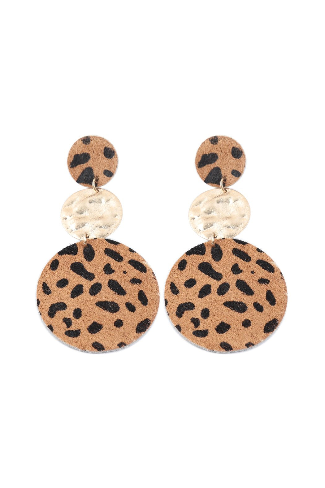 Round Leopard Leather With Metal Link Drop Earrings - 5 COLORS -