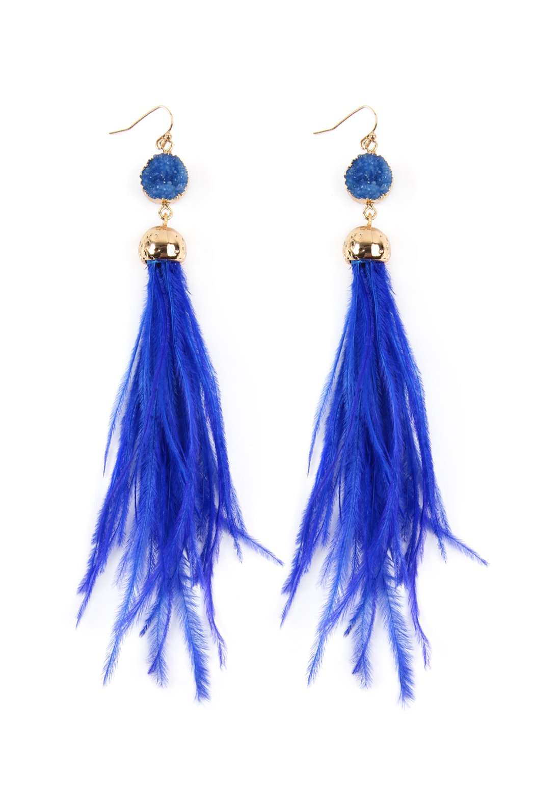 Riah Fashion - Druzy Stone Dangling Feather Earrings - 7 COLORS -