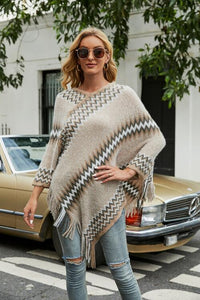 Thumbnail for Fringe Hem Striped Cape Sleeve Poncho - T - 5 COLORS -