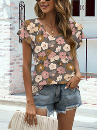 Thumbnail for Floral V-Neck Cap Sleeve T-Shirt - T - 1 COLOR -