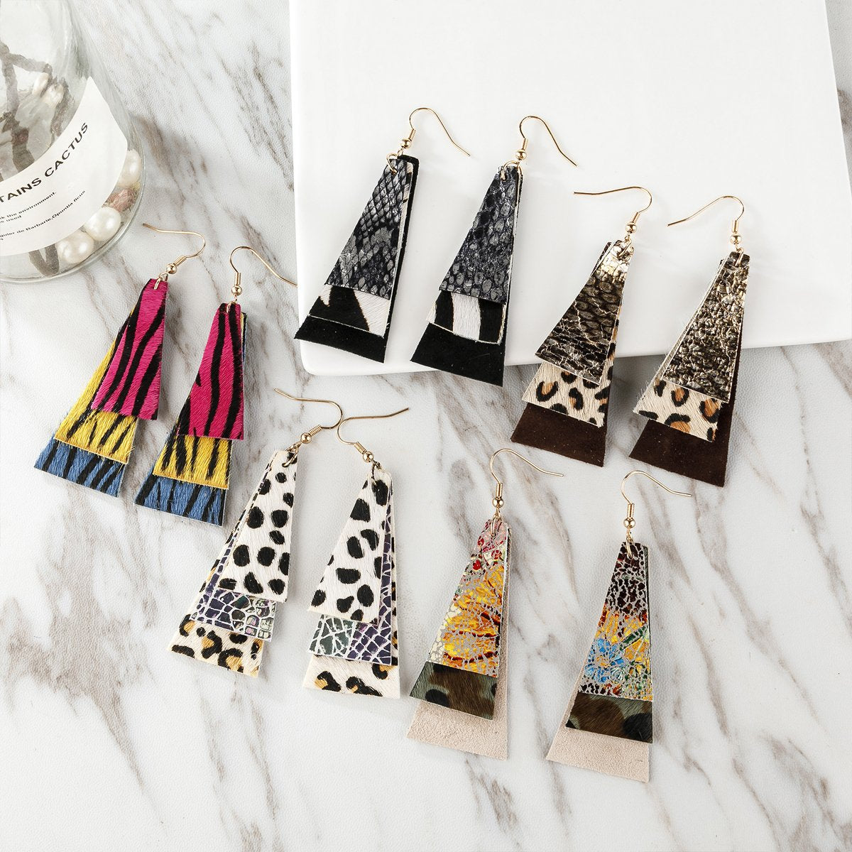 Animal Print Layered Leather Trapezoid Hook Earrings - 5 STYLES -