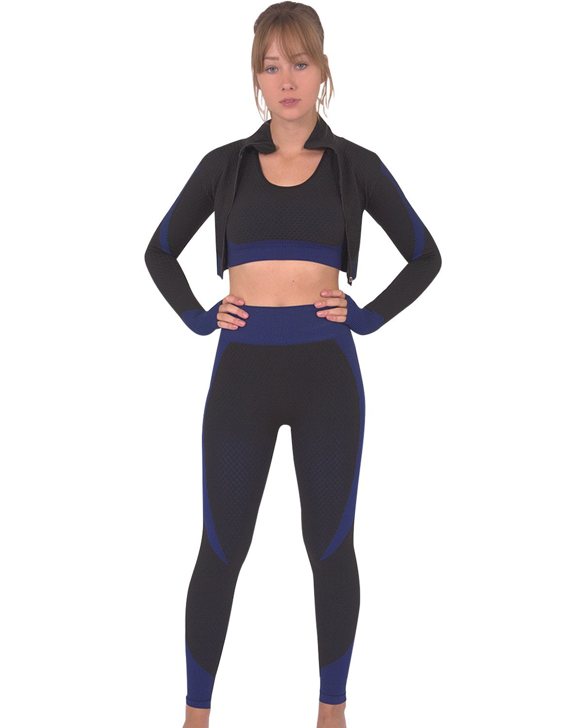 Savoy - Trois Seamless Jacket, Leggings & Sports Top 3 Set - Black With Navy - 3 PCS - 1 COLOR -