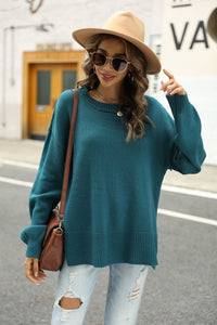 Thumbnail for Round Neck Dropped Shoulder Slit Sweater - T - 1 COLOR -