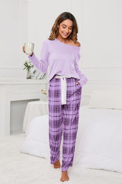 Round Neck Long Sleeve Top and Bow Plaid Pants Lounge Set - 2 PCS. - T - 3 COLORS -