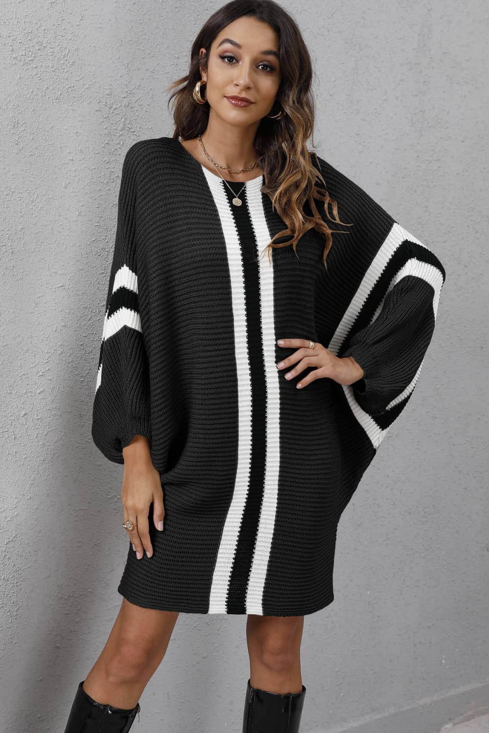 Ribbed Round Neck Long Sleeve Sweater Dress - T - 4 COLORS -