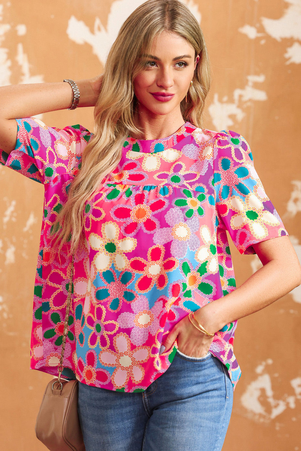 Tied Printed Round Neck Half Sleeve Blouse - T - 1 COLOR -