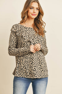 Thumbnail for Riah Fashion - Brushed Hacci Leopard V-Shaped Ruffle Detail Top - 3 COLORS -